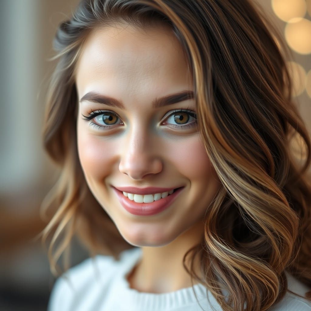 Warm-Eyed Young Woman with Brown Wavy Hair in Soft Studio Li...
