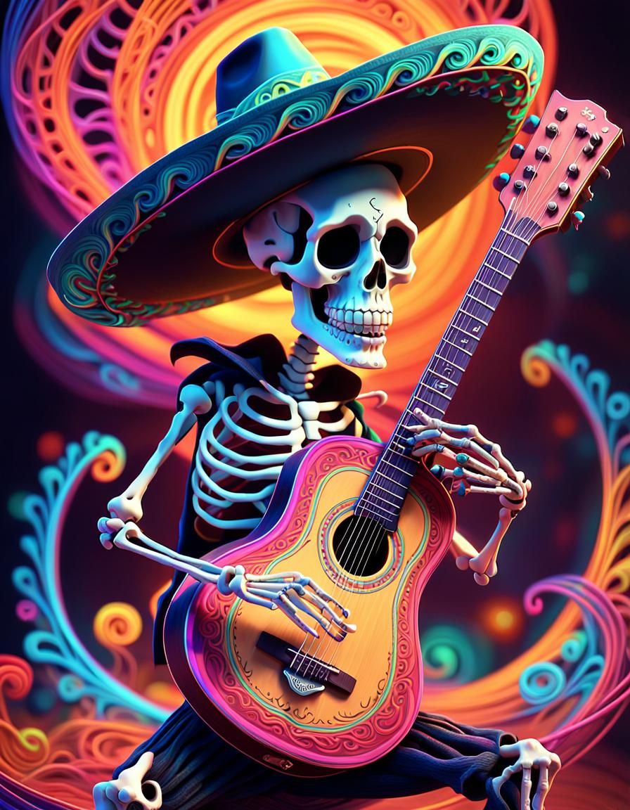 Skeleton Mariachi Guitarist in Vibrant Digital Art