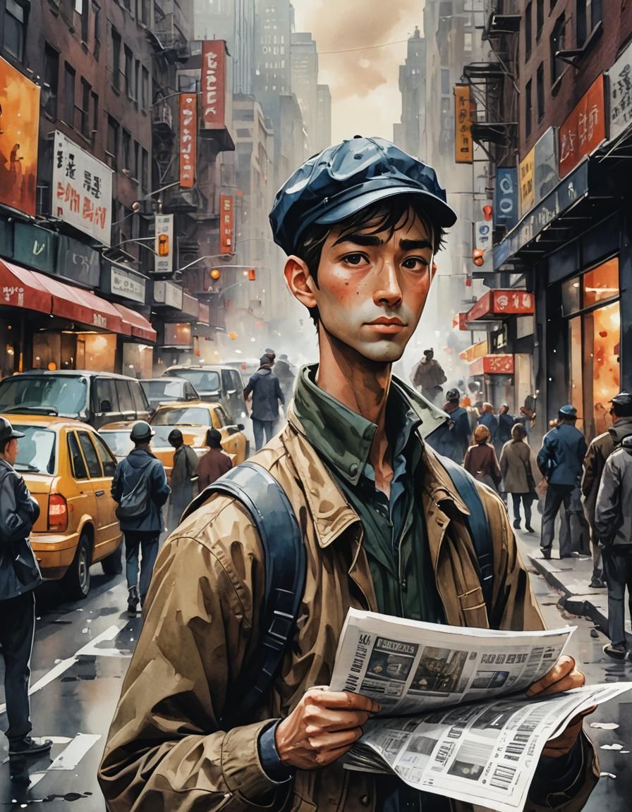 Newspaper Boy in Busy Street: Cel-Shaded Anime Style