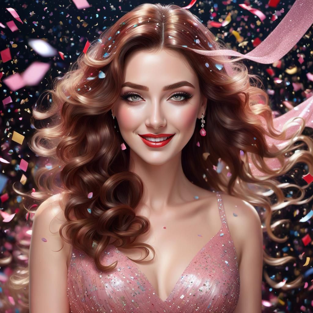 Beautiful Woman in Confetti Rain: 3D Render