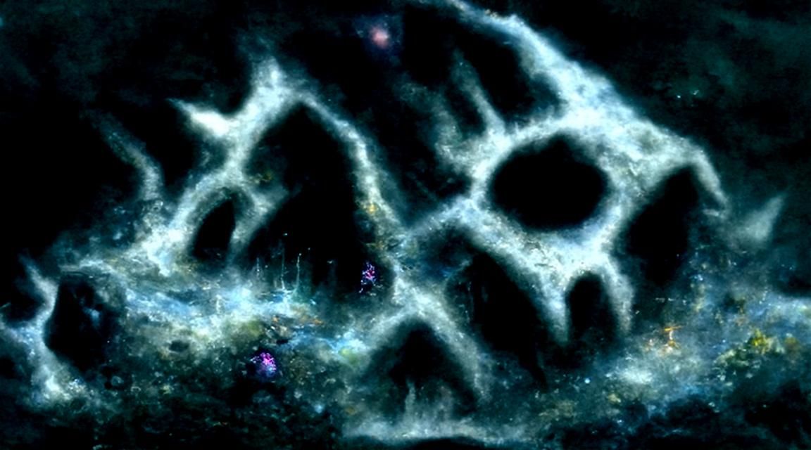 Prehistoric Underwater Cemetery in Dark Nebula Landscape