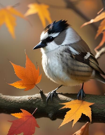 Adorable Long-tailed Tit Chick Plays in Autumn Leaves