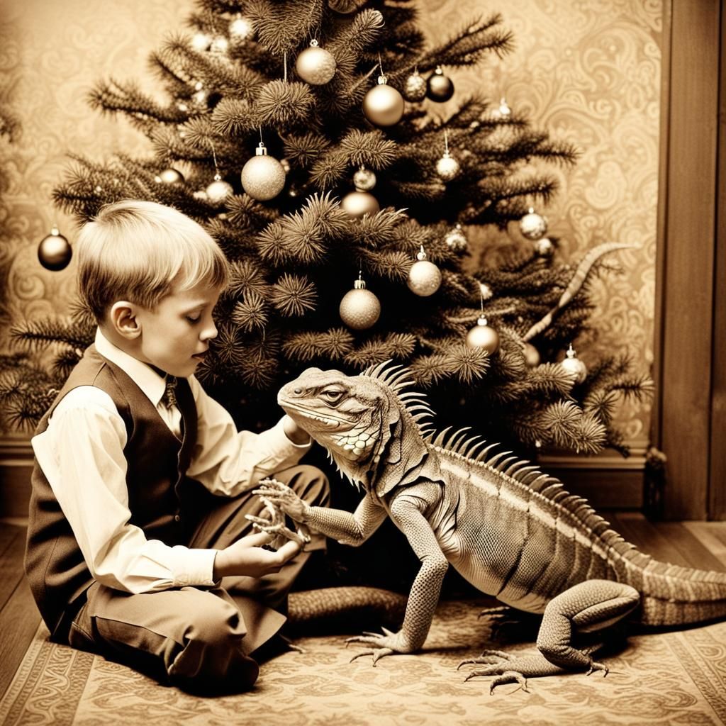 Vintage Sepia Photo: Boy and Iguana at Christmas