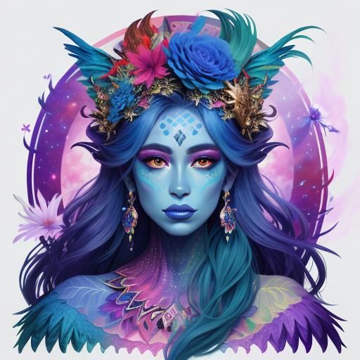 Rainbow Dragon Woman with Flower Crown: Cosmic Illustration