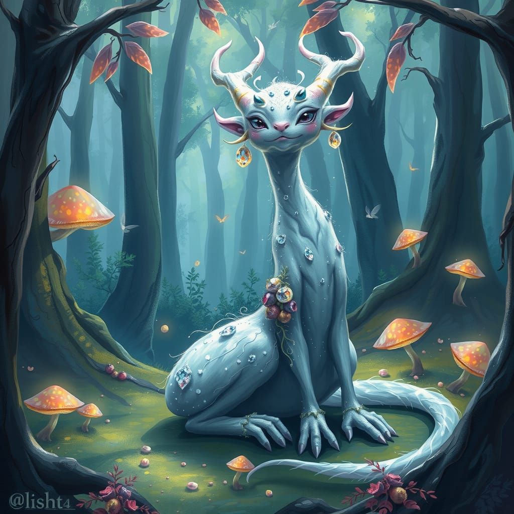 Ethereal Silver Berry Monster in Whimsical Forest