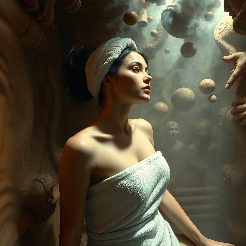 Surreal 4D Woman in Sauna with Space Warps