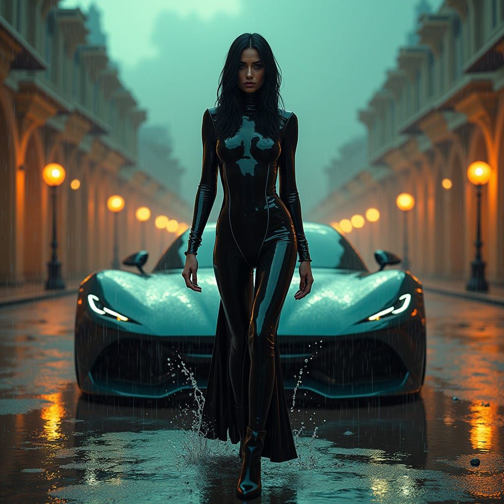 Sleek Woman in Latex Splashes in Rain Near a Modern Car in A...