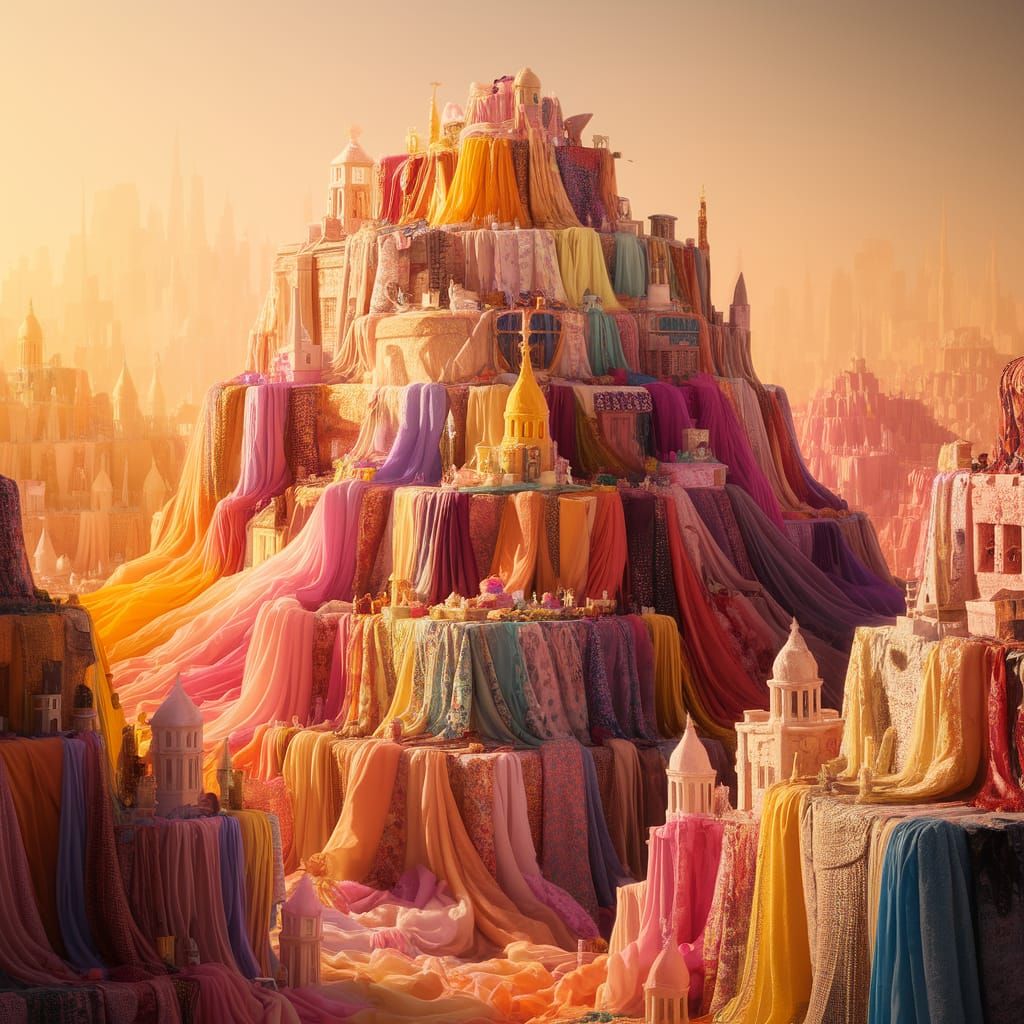 Vibrant Fabric City Rises from Golden Horizon