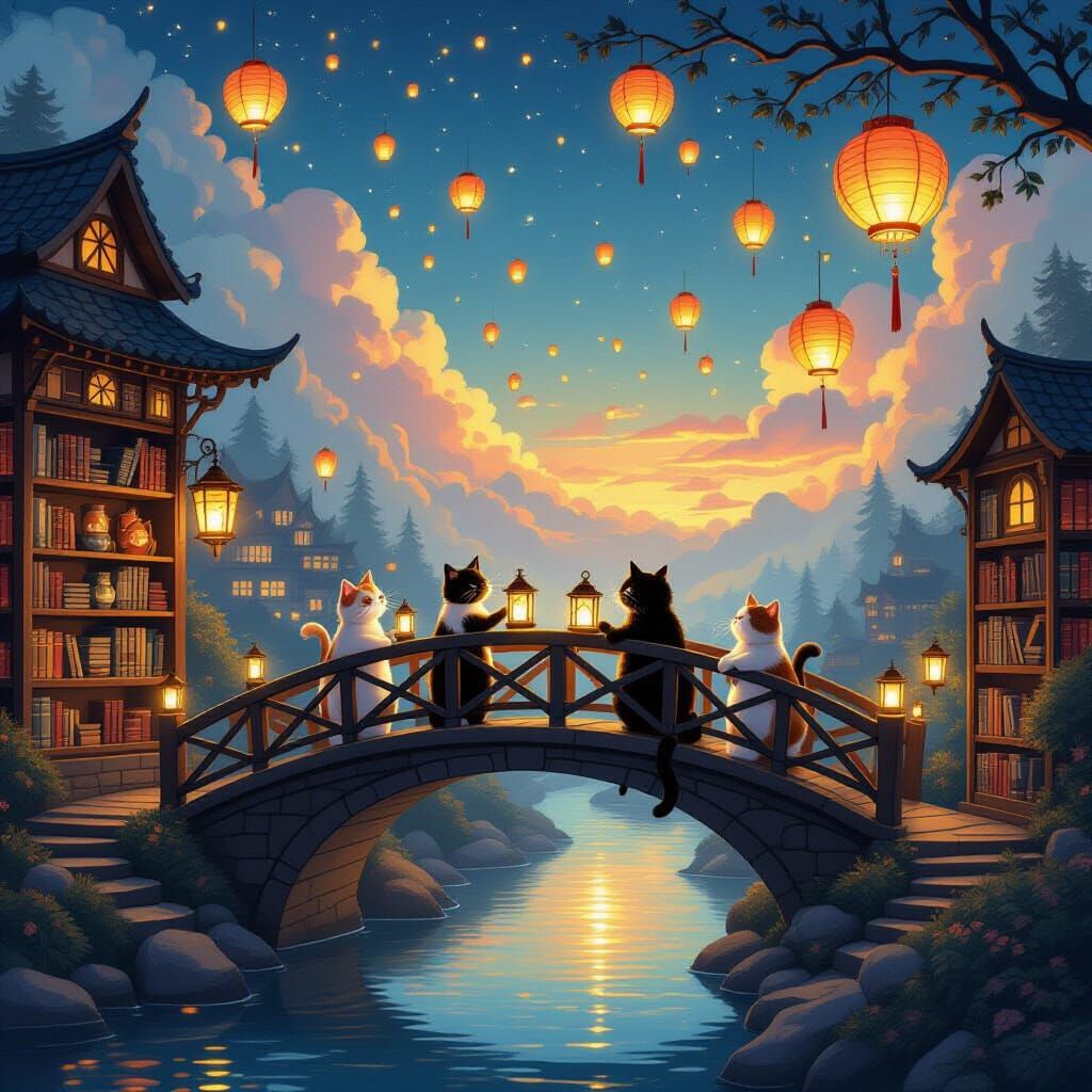 Enchanted Bridge Scene with Cats and Lanterns