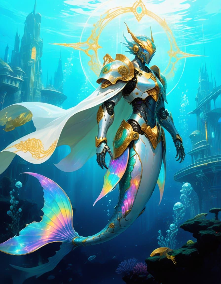 Mecha Merfolk Warrior in Underwater Anime City