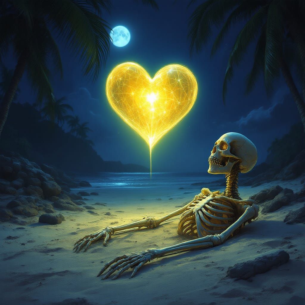A ghostly heart rises above an ancient half buried skeleton ...