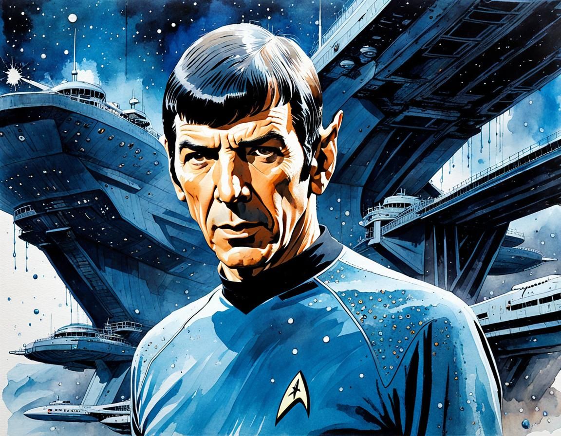 Young Spock Watercolor Portrait on Starship Enterprise Bridg...