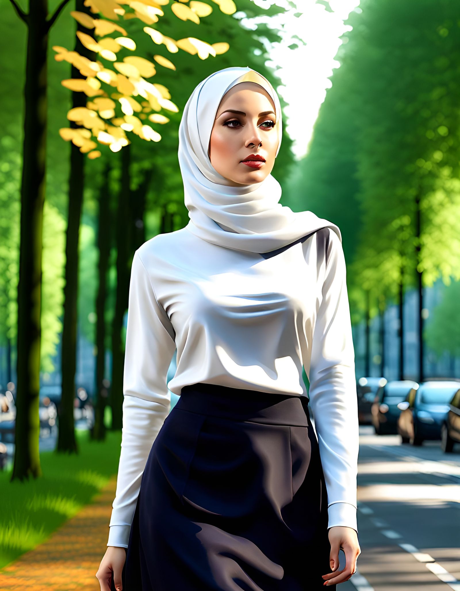 Modest Woman in Cityscape, Ultra-Realistic Digital Art