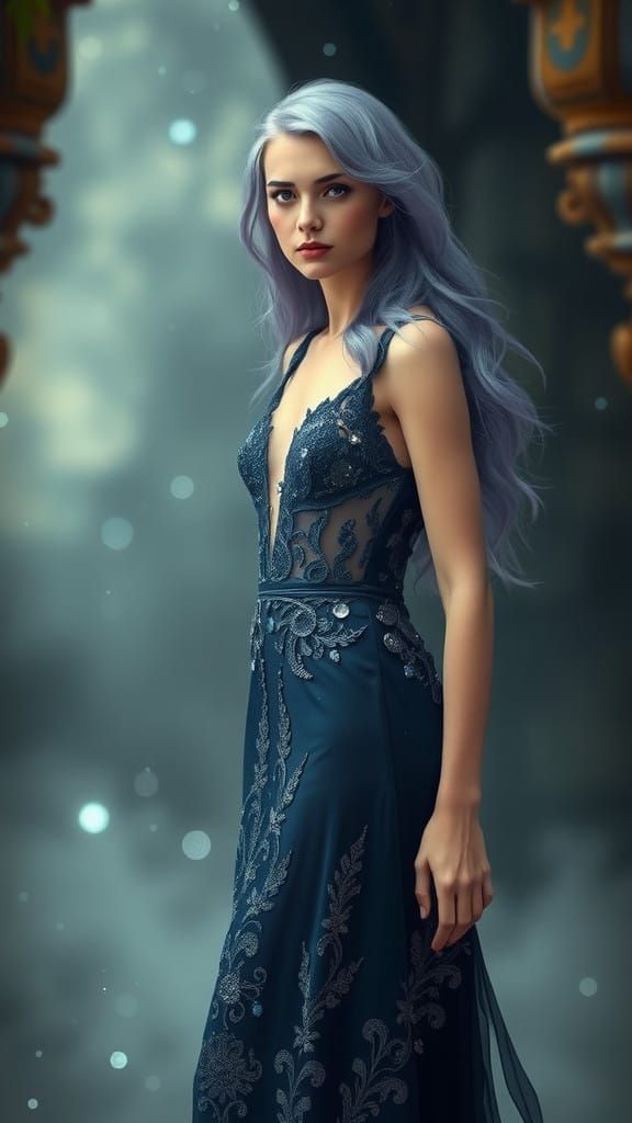 Edwardian woman who possesses a delicate and ethereal beauty, with long, flowing periwinkle hair, porcelain pale skin, a...