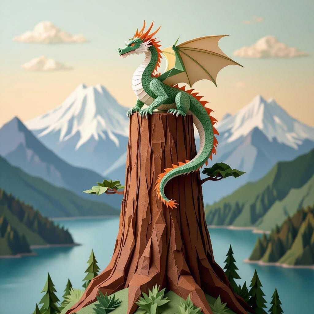 Paper Dragon on Redwood Tree Over Mountain Lake
