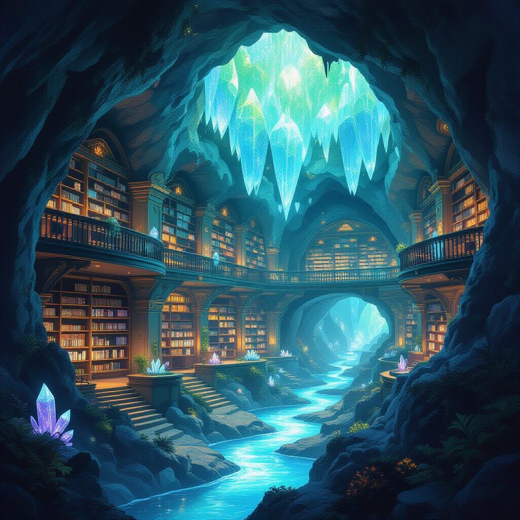 Ancient Geode Library With Starlight Rivers In Ghibli Style