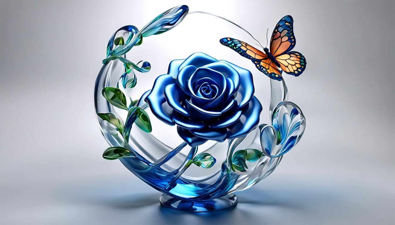 Glass Rose and Butterfly 3D Render
