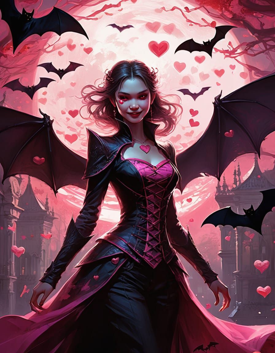 Valentine Vampire Surrounded by Heart Bats in Pink