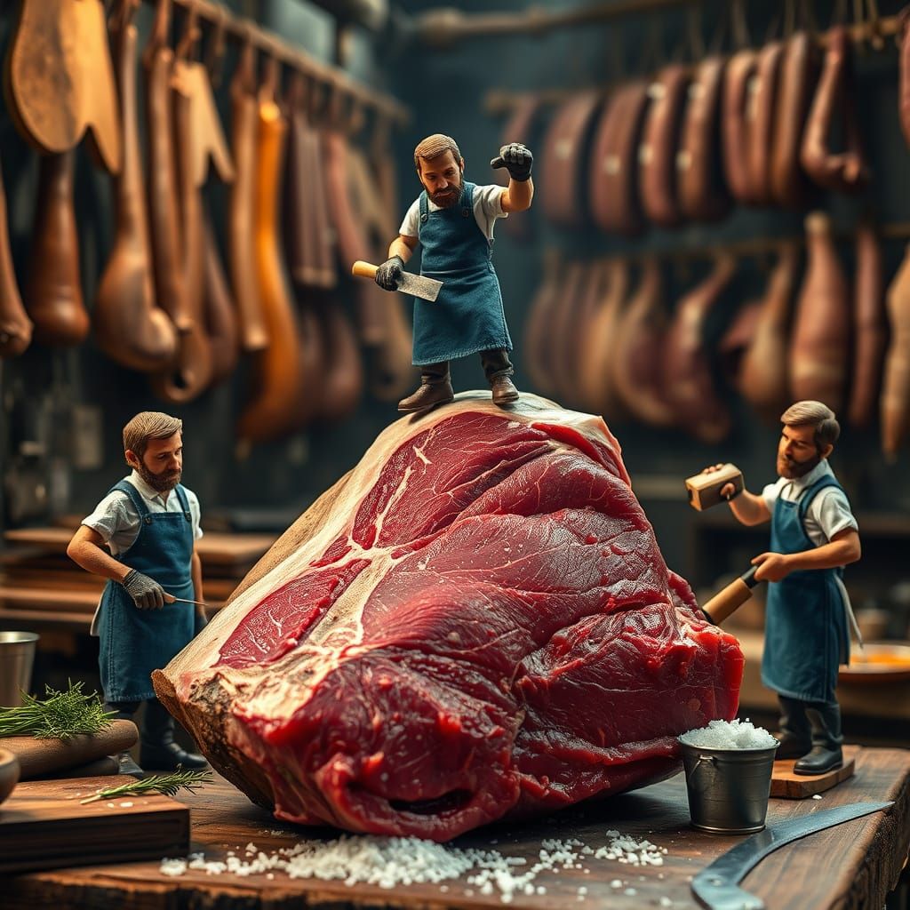 Miniature Butchers Prepare Tomahawk Steak in Rustic Shop