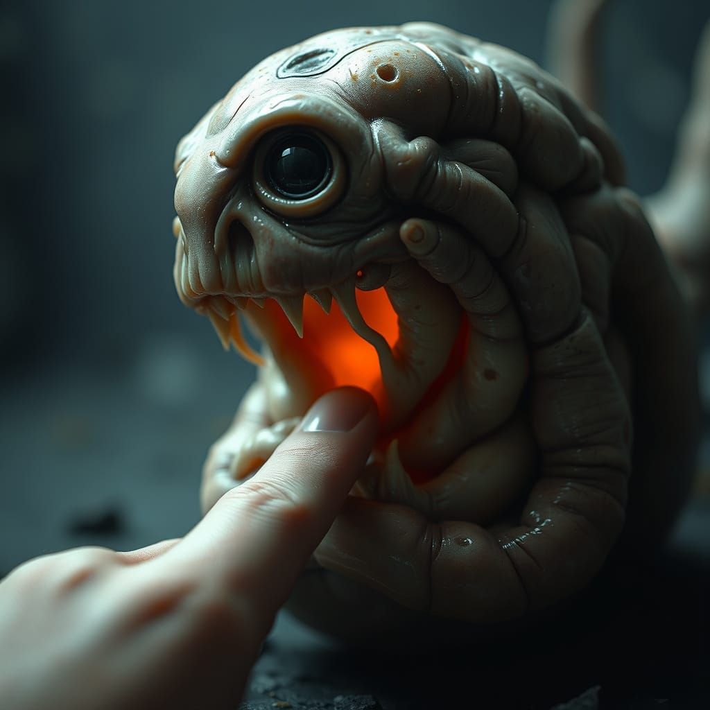 Ethereal, Vulnerable Creature in a Muted, Eerie Landscape