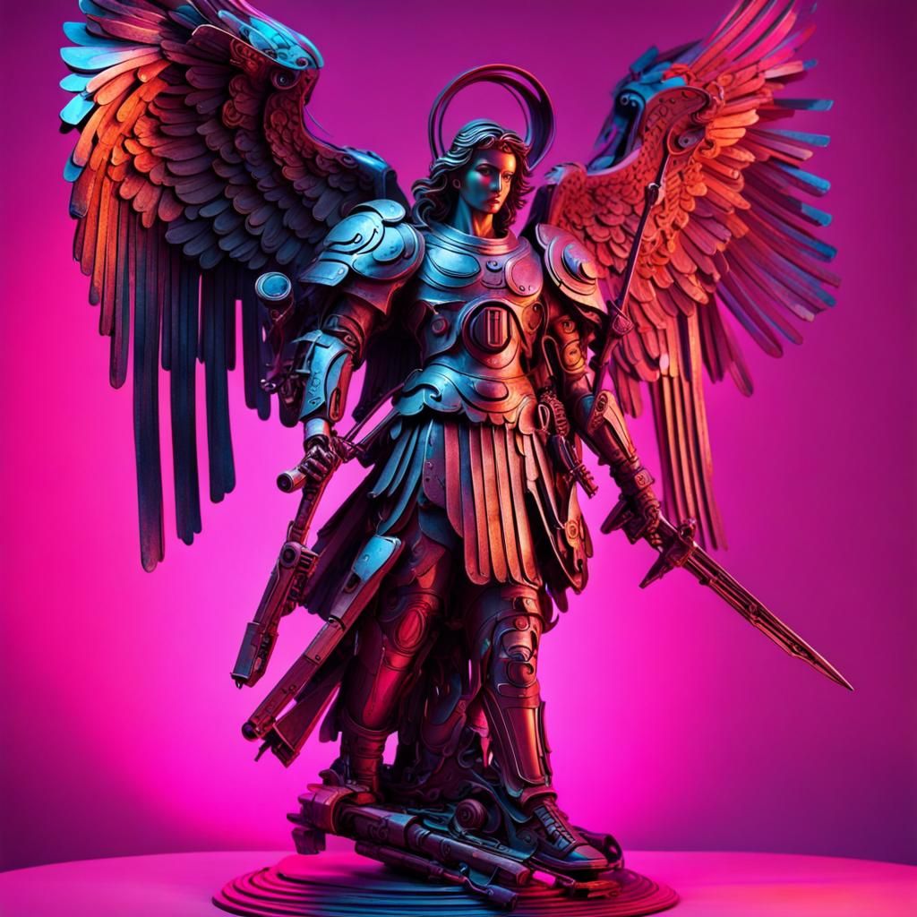 Scrap Metal Sculpture of Archangel Michael in Synthwave Styl...