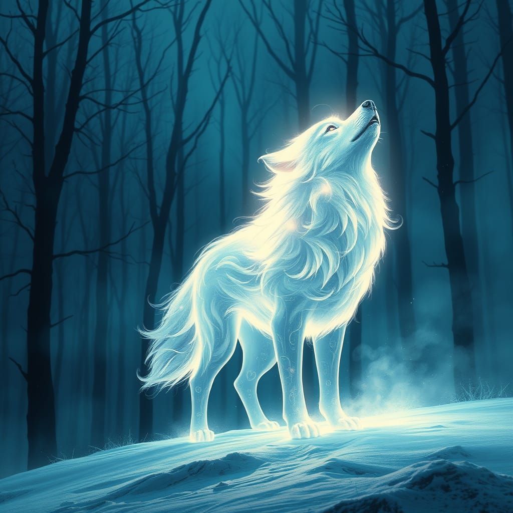 Ethereal Light Wolf in Glowing Indigo Winter Forest