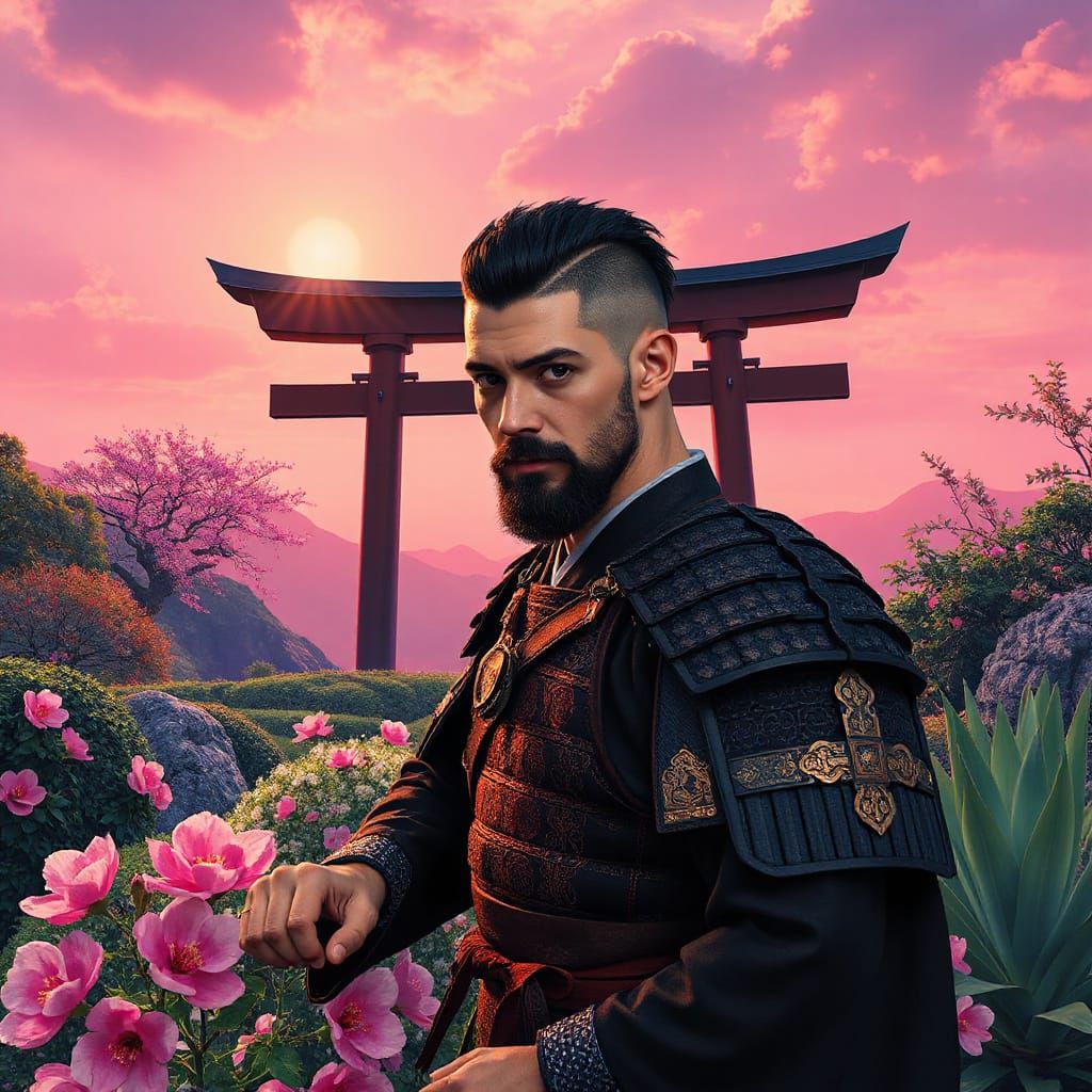 Samurai in Dreamy Vaporwave Japanese Garden