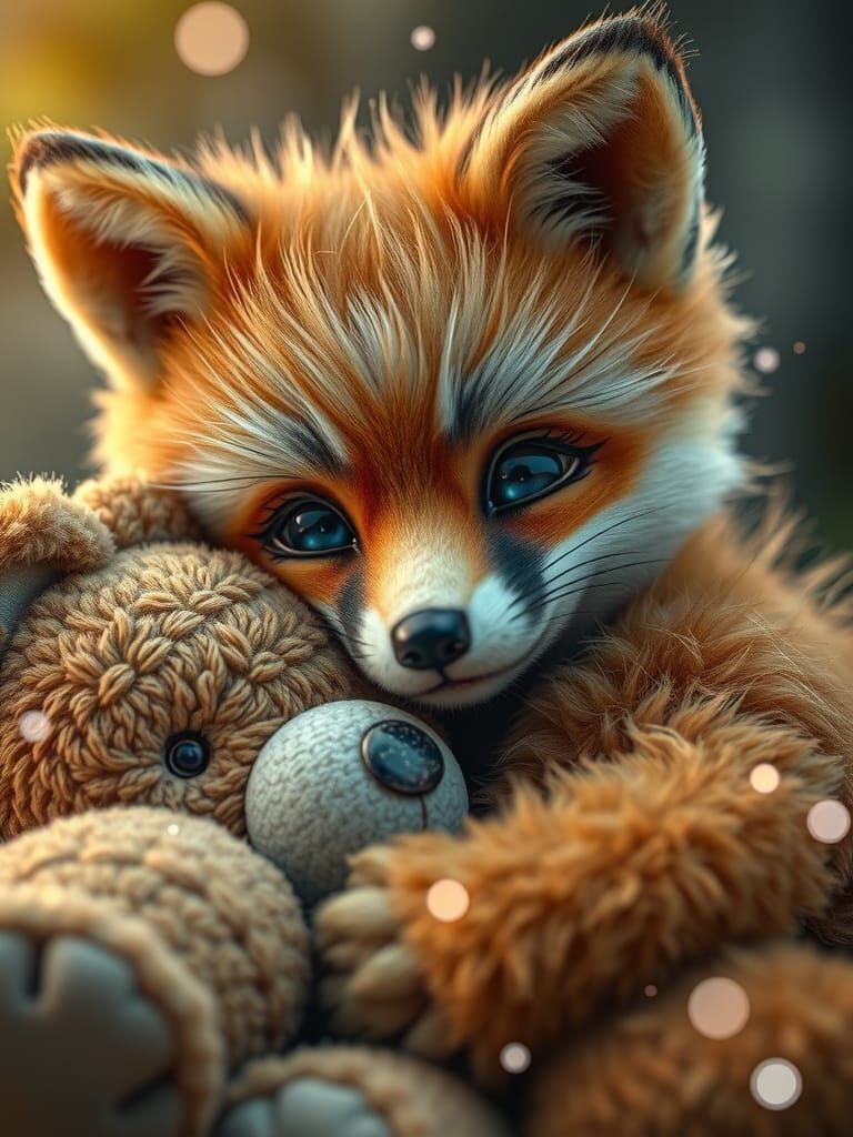 Cute Fox Cub Cuddles Teddy Bear: Hyperrealistic Fantasy