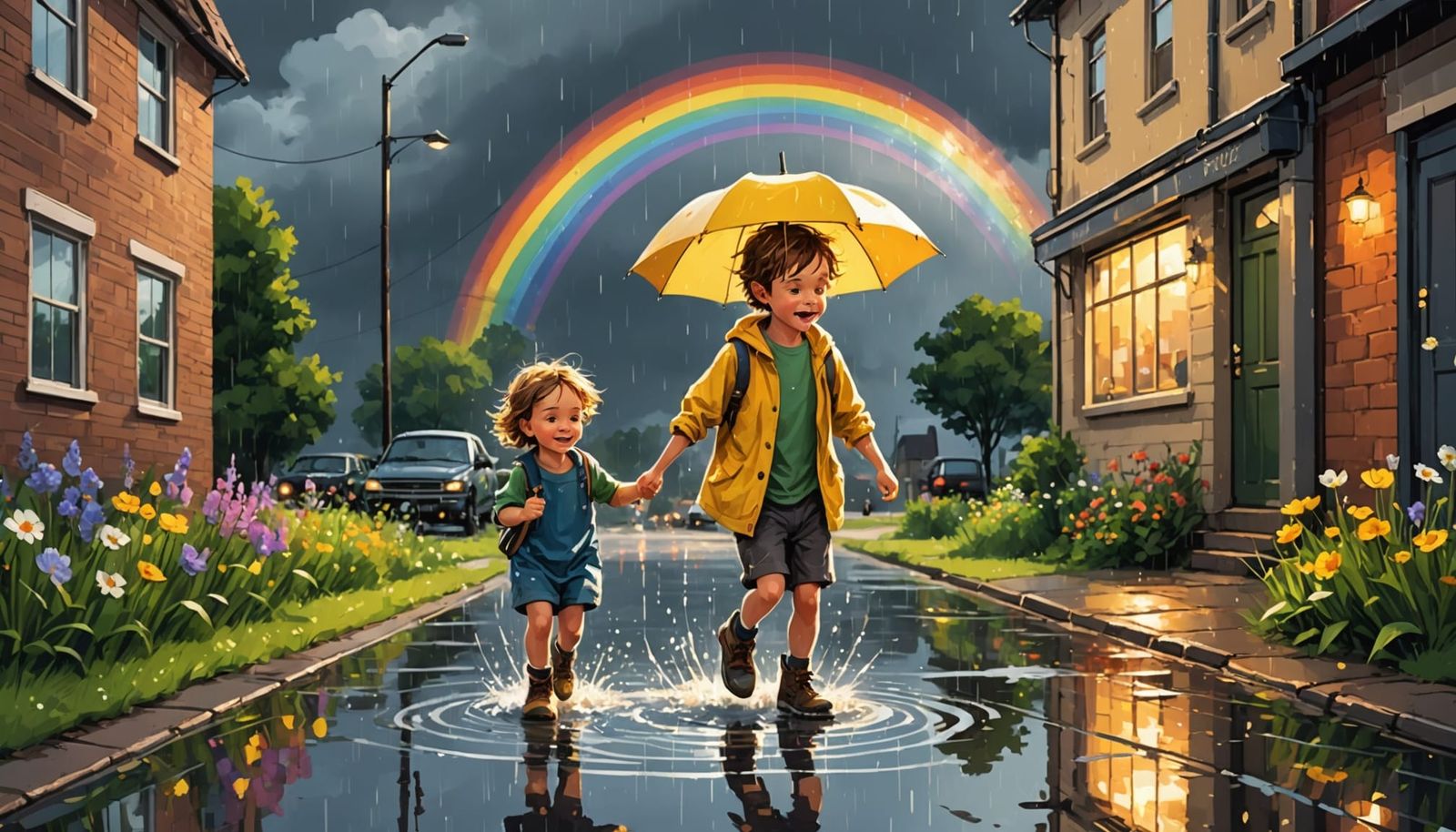 Dreamlike Summer Rain Scene in Mixed Media Style