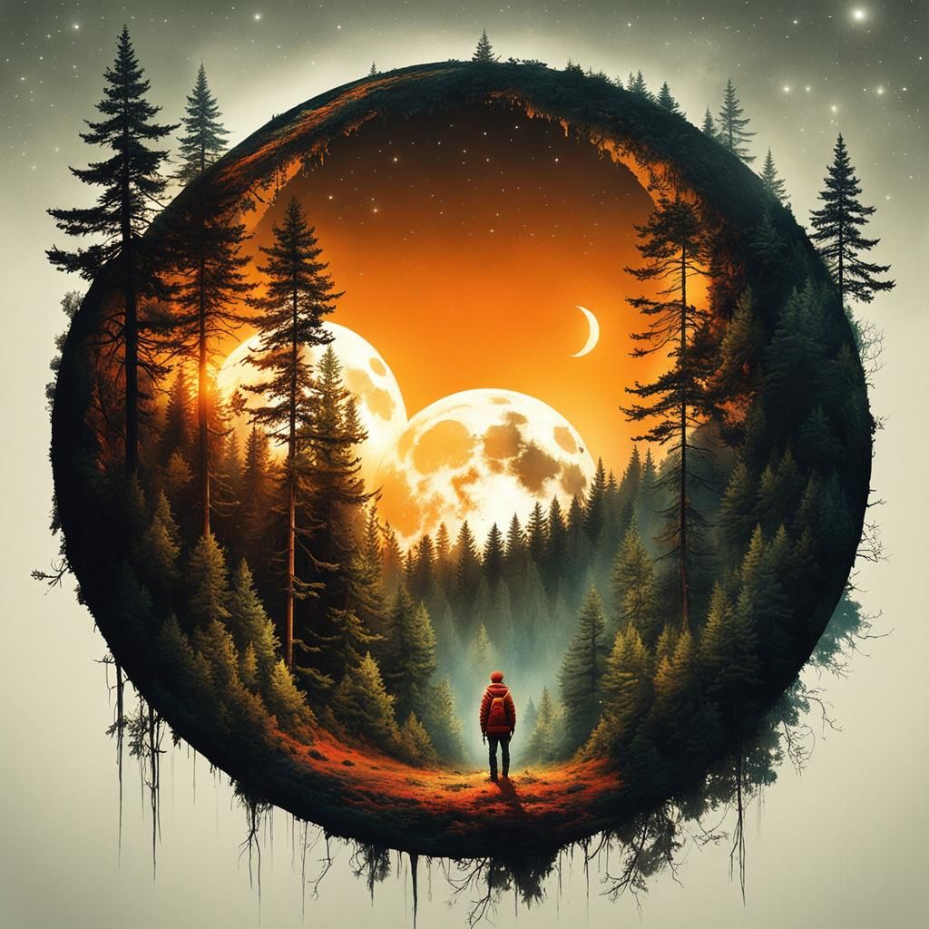 Surreal Moonlit Forest Path to Sunrise