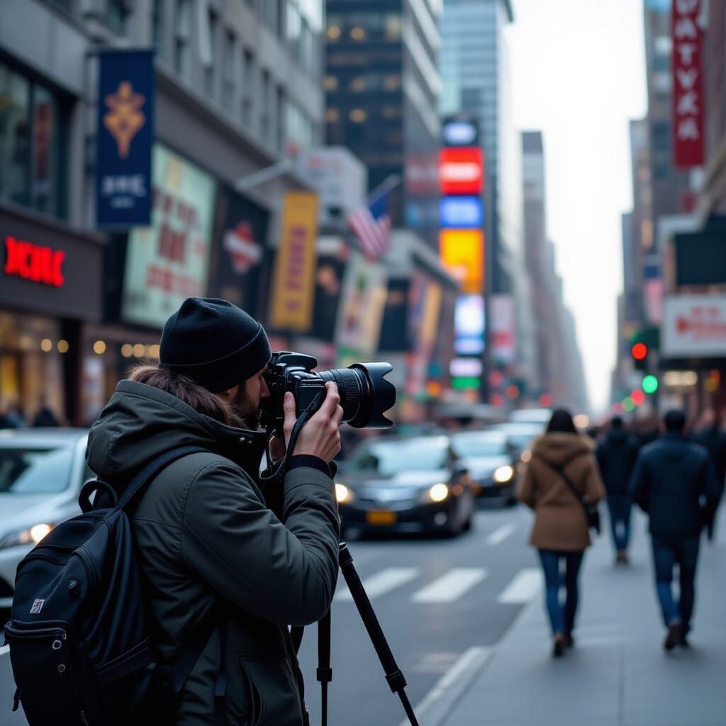 Photographer at Work in Bustling City Street