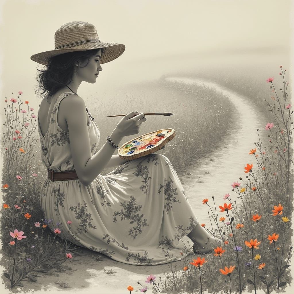 Dreamy Country Scene in Black and White Charcoal