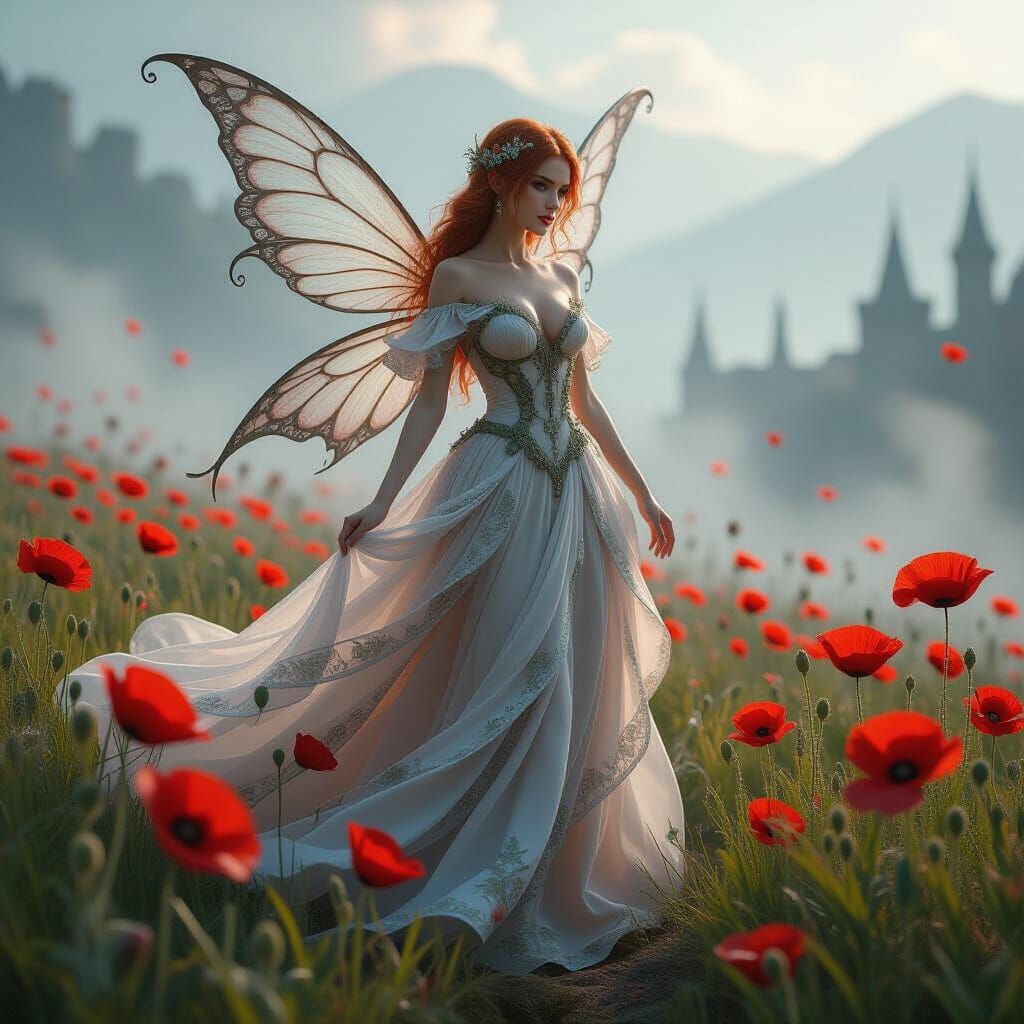 Detailed Fairy Amidst Poppies on Misty Battlefield