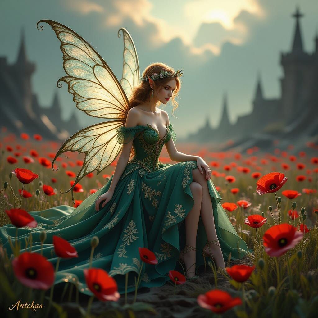 Ethereal Fairy Amidst Poppies on Battlefield
