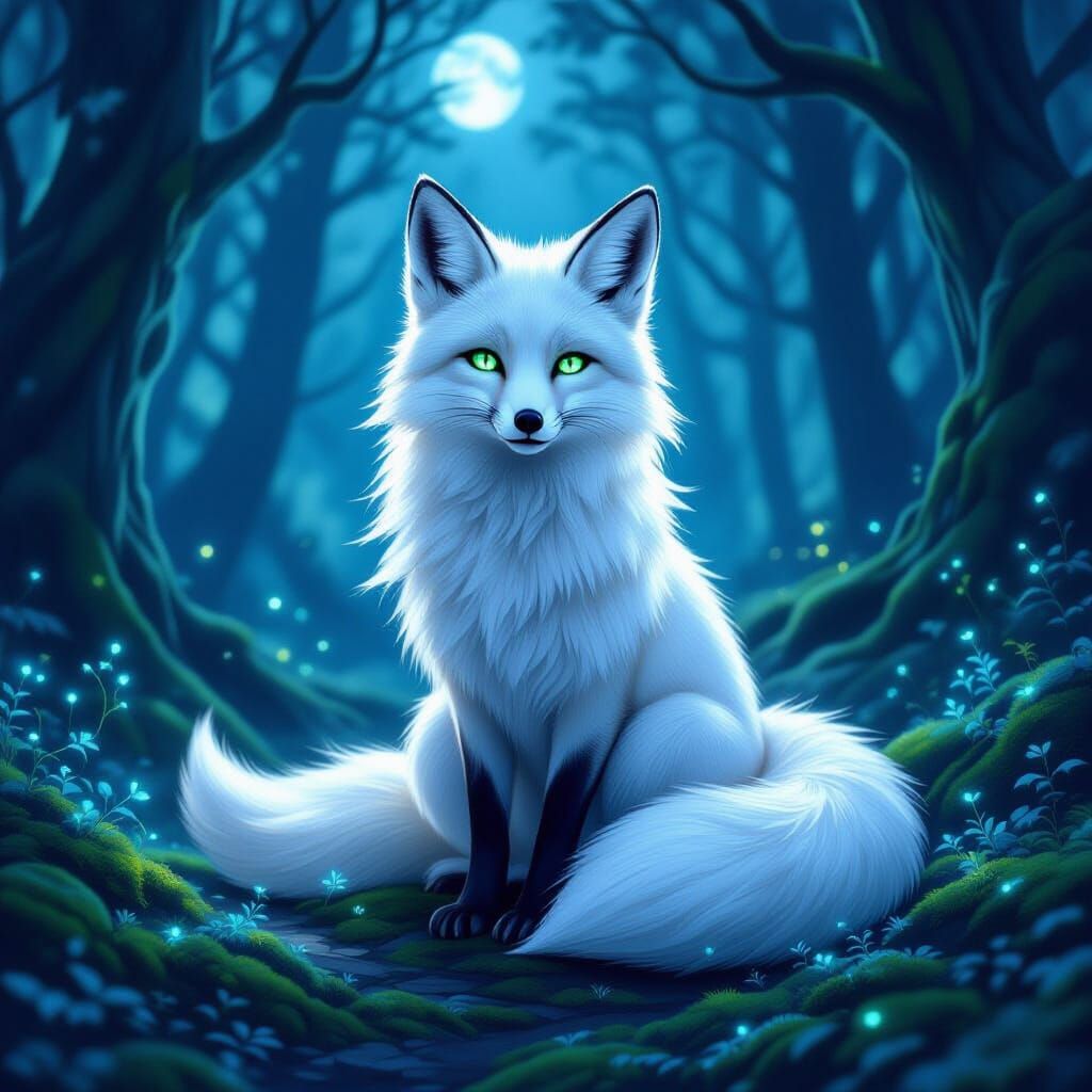 Mystical White Fox in Enchanted Forest at Night