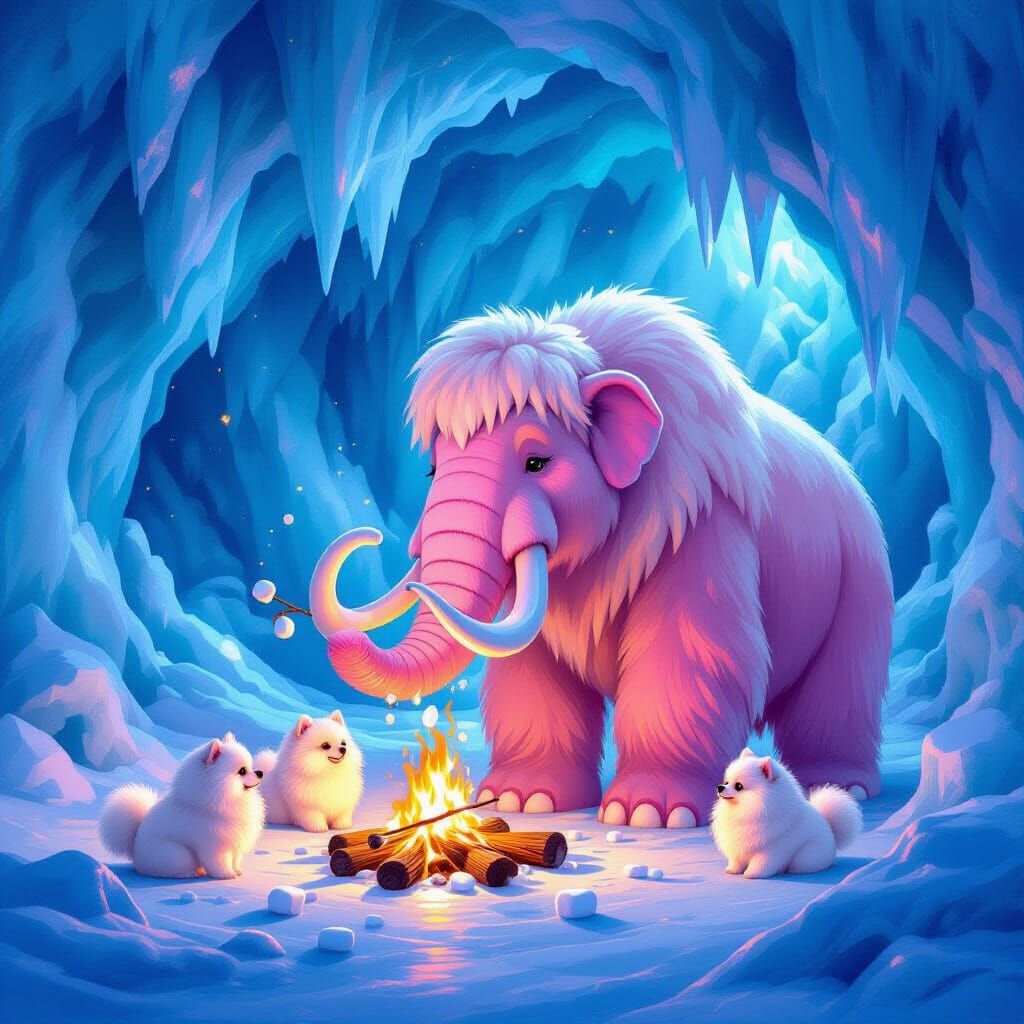 Pink Woolly Mammoth Plays With Pomeranians in Icy Cave