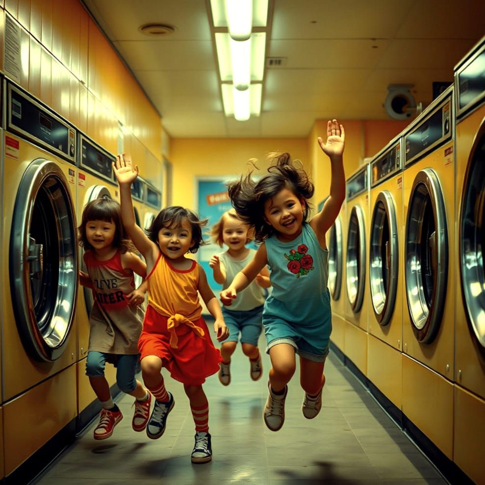 Children Playing in Retro-Futuristic Laundromat