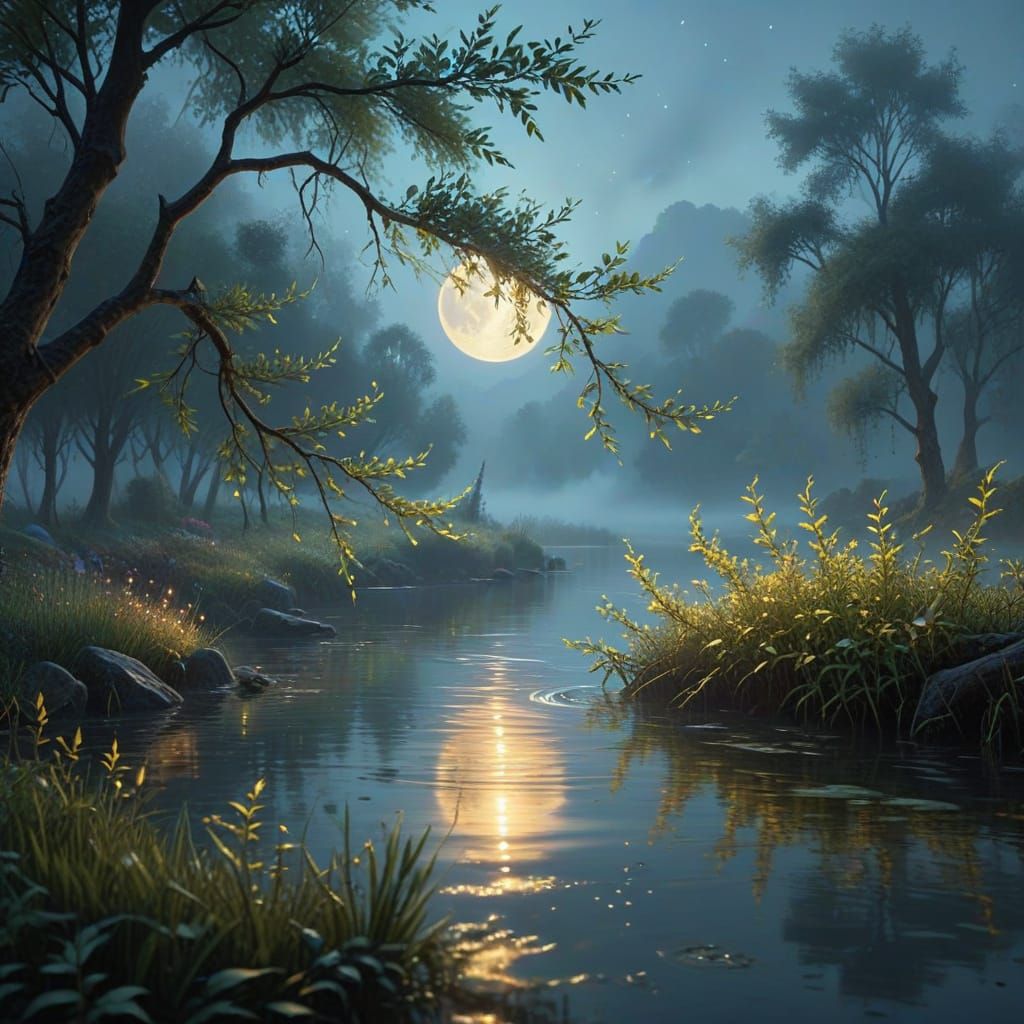 Ethereal Moon Drinking from Spring, Oil Painting Style