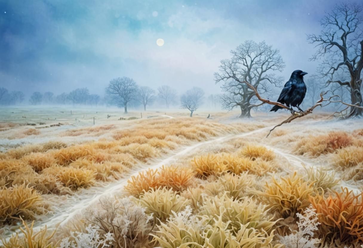 Frozen Crow in a Whimsical Watercolor Landscape