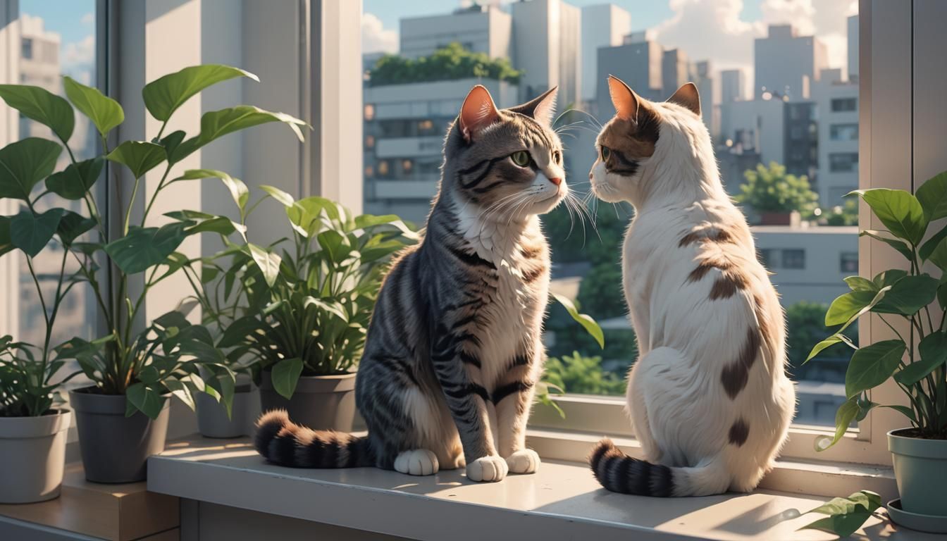 Anime Cat on Windowsill: 3D Digital Art