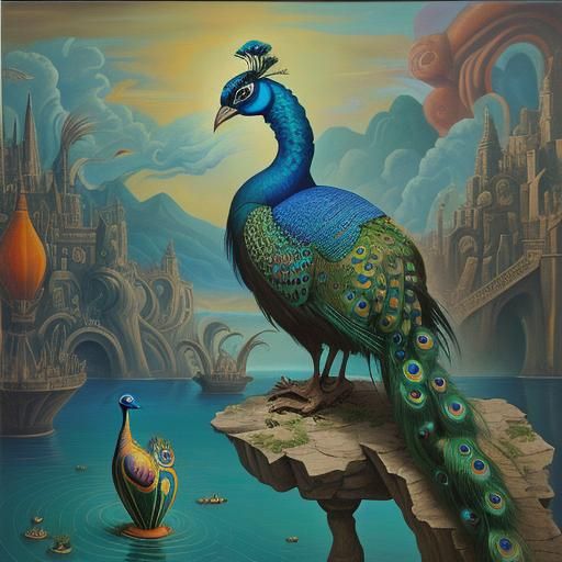 Surreal Cyborg Peacock in Melting Oil