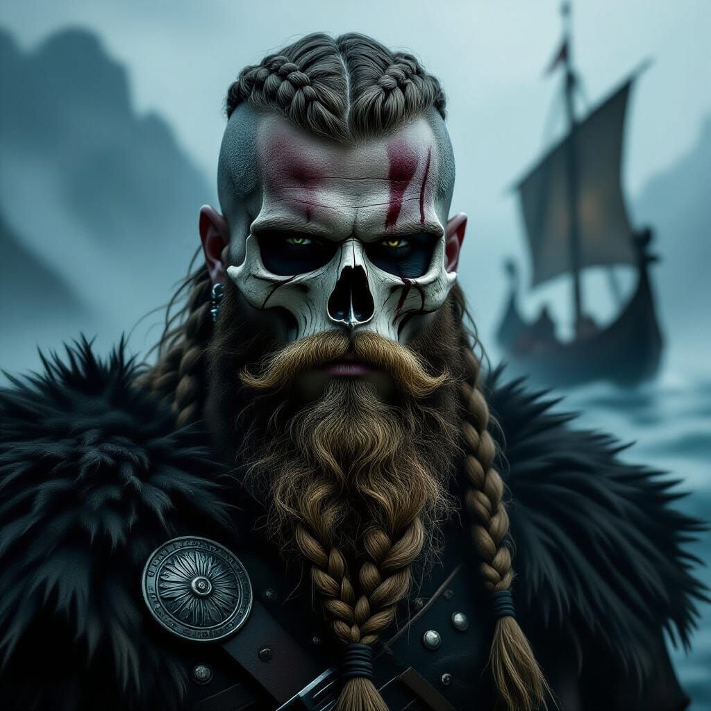 Viking Warrior Portrait: Skull Face in Moody Fantasy Art
