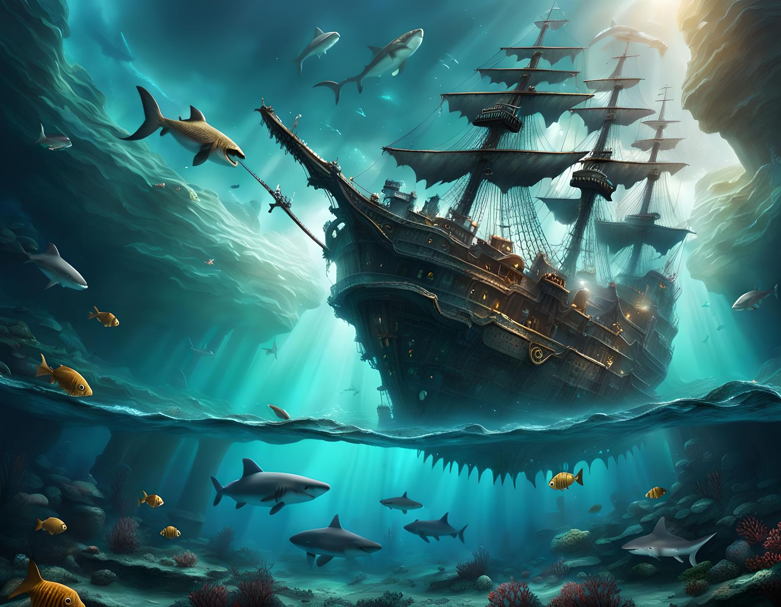 Sunken Pirate Ship with Marine Life