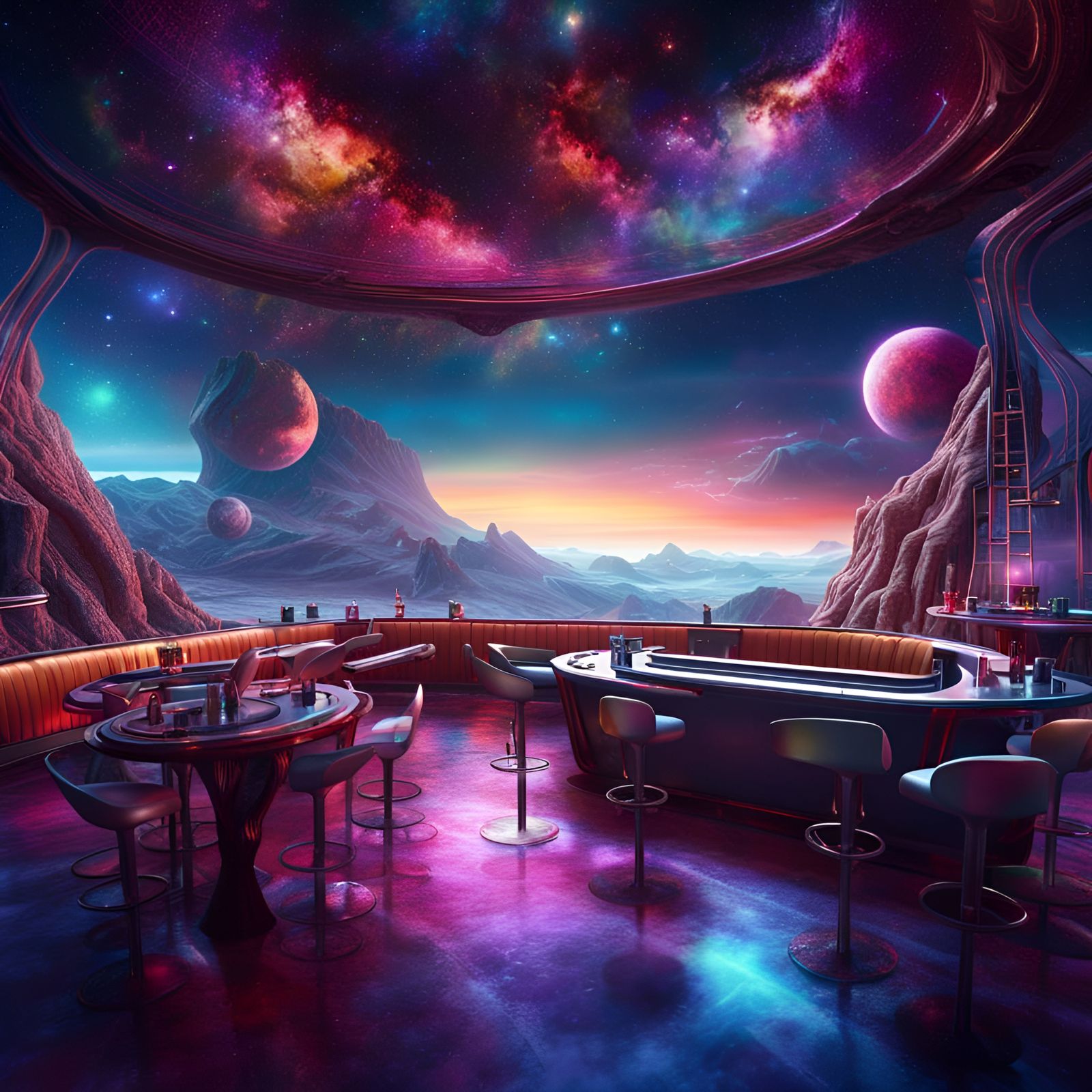 Cosmic Alien Bar with Galaxy View in 8K