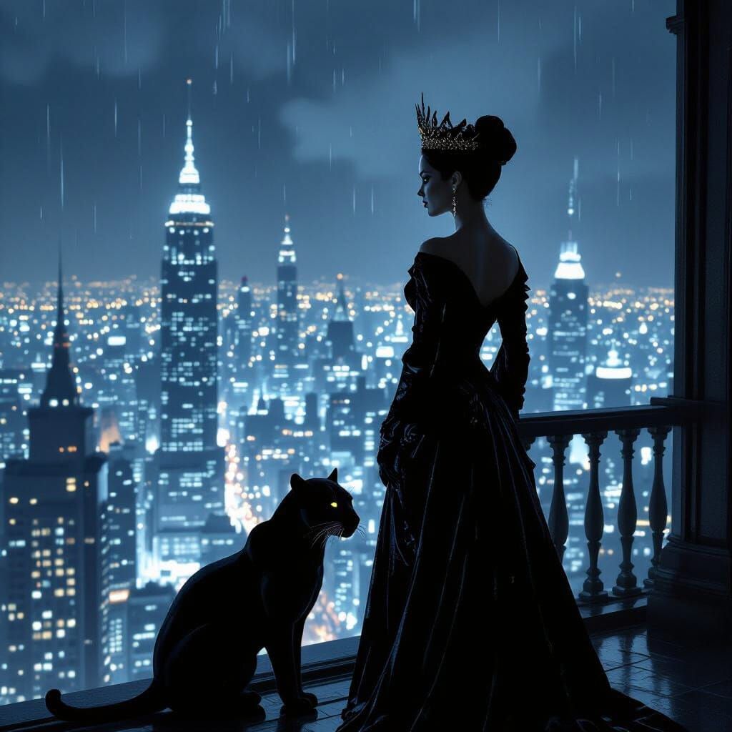 Regal Queen and Panther Overlooking Sci-Fi Metropolis in Fil...