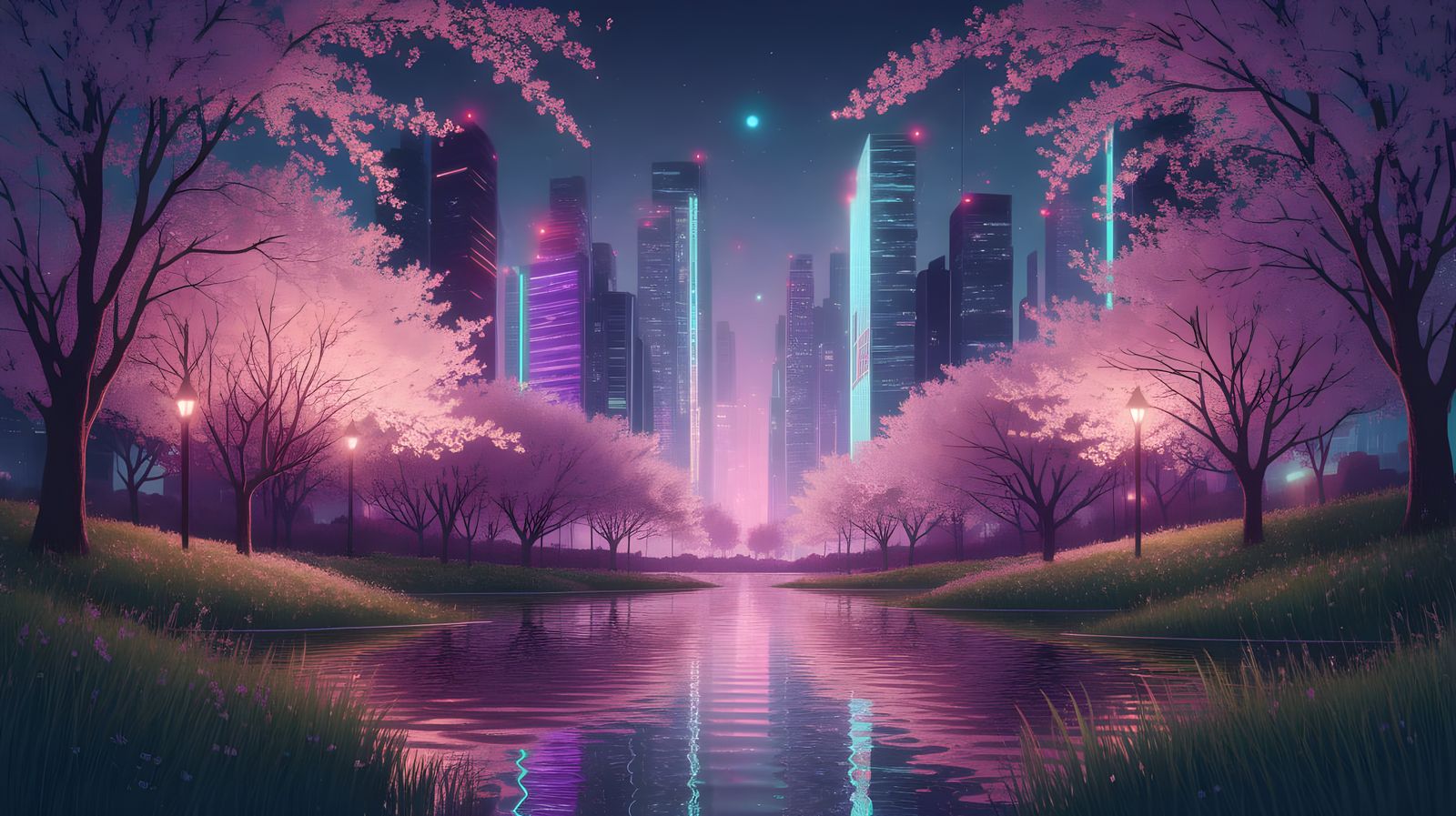 Cyberpunk Cherry Blossom Nighttime Landscape in Vibrant Goua...