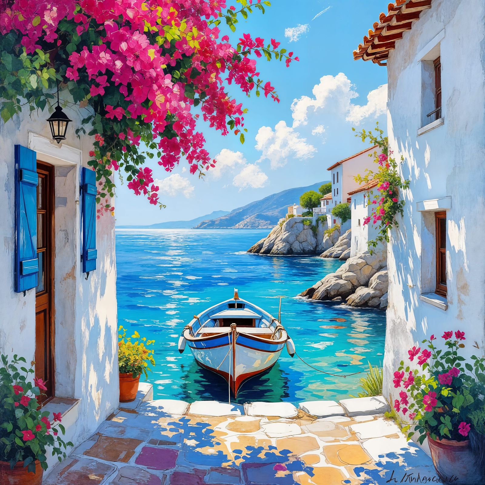 Mediterranean Terrace with Bougainvillea and Sea View