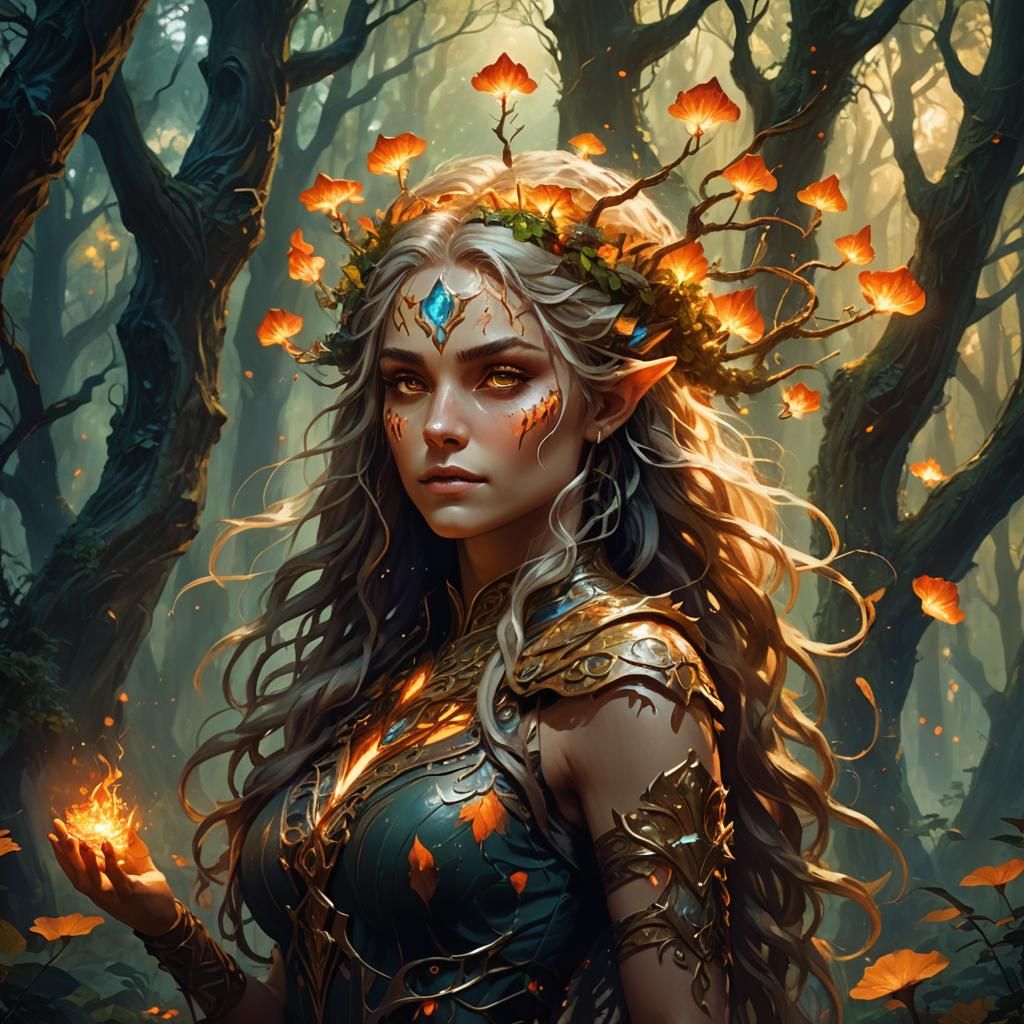 Mystical Earth and Fire Elf in Fantasy Forest