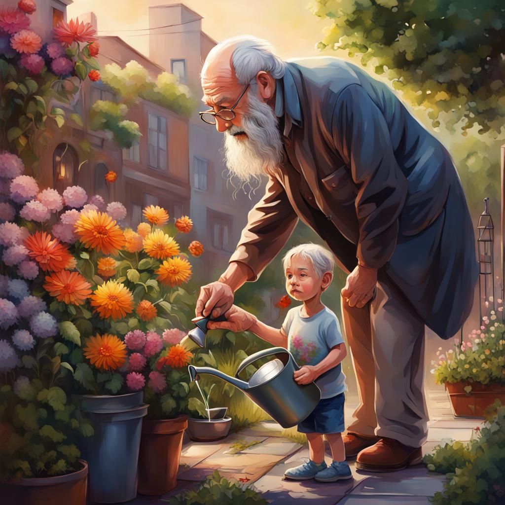 Hyperrealistic Urban Garden Scene with Grandfather and Grand...