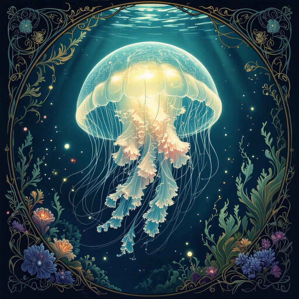 Bioluminescent Jellyfish in Art Nouveau Deep-Sea Trench